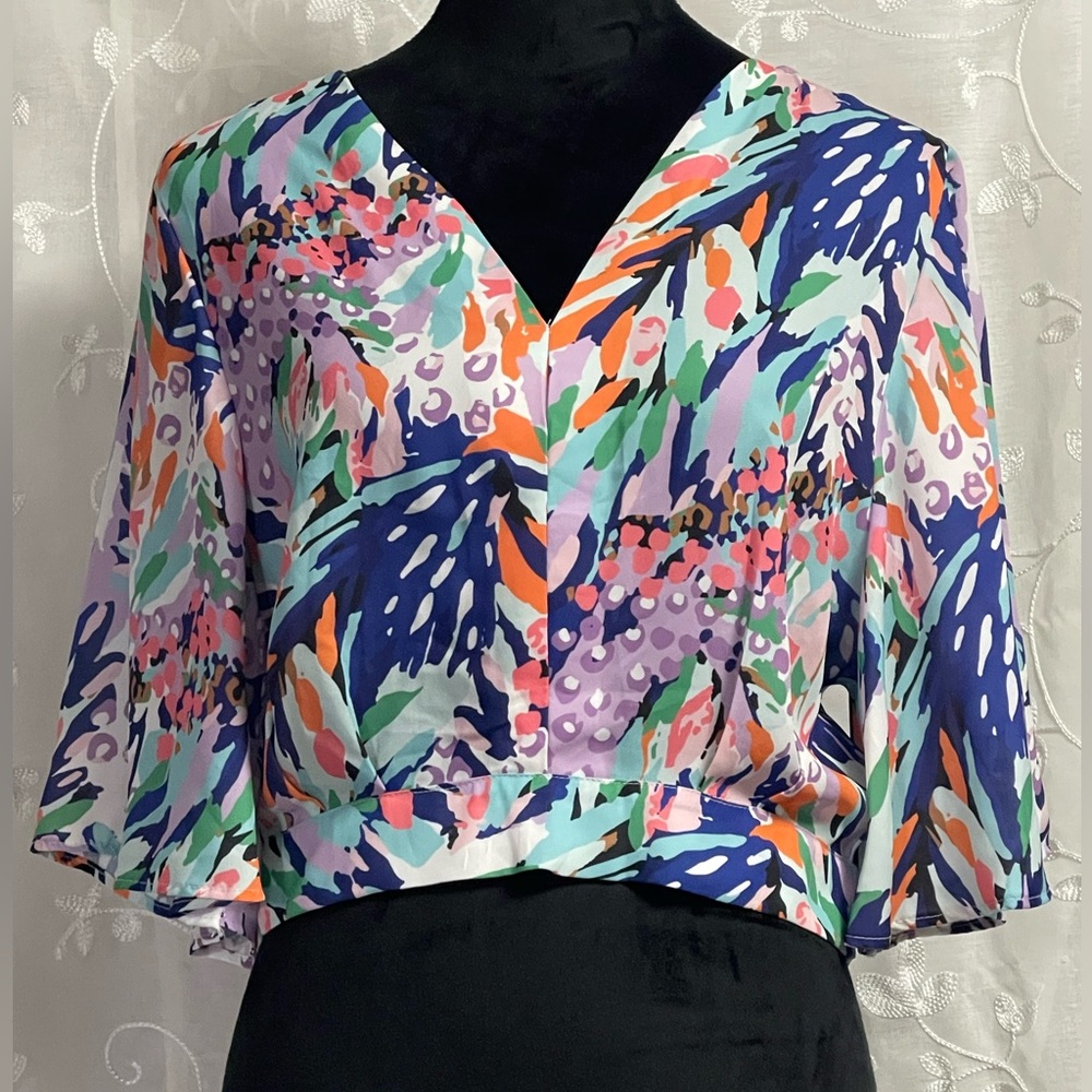 Women’s Tiffany & Tomato Crop Back Tie Blouse 3/4 Sleeve Top V Neck Sz L NWT